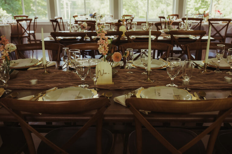 This is a photo of a wedding reception table setting.